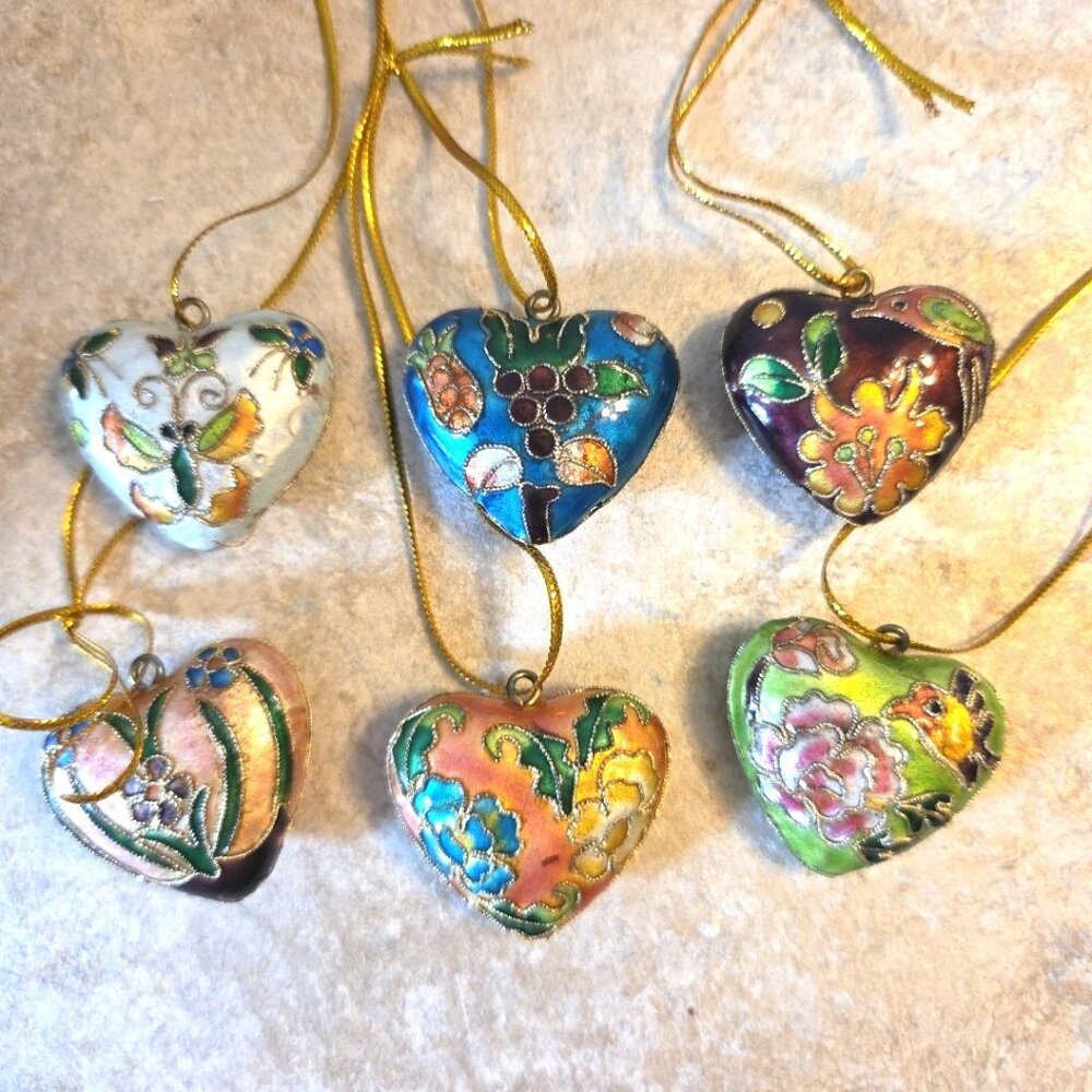 6 Cloisonné Puffed Heart Christmas Tree Ornaments Enamel  1.5"